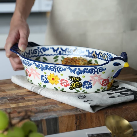 Rooster shaped Hand-painted Baking dish